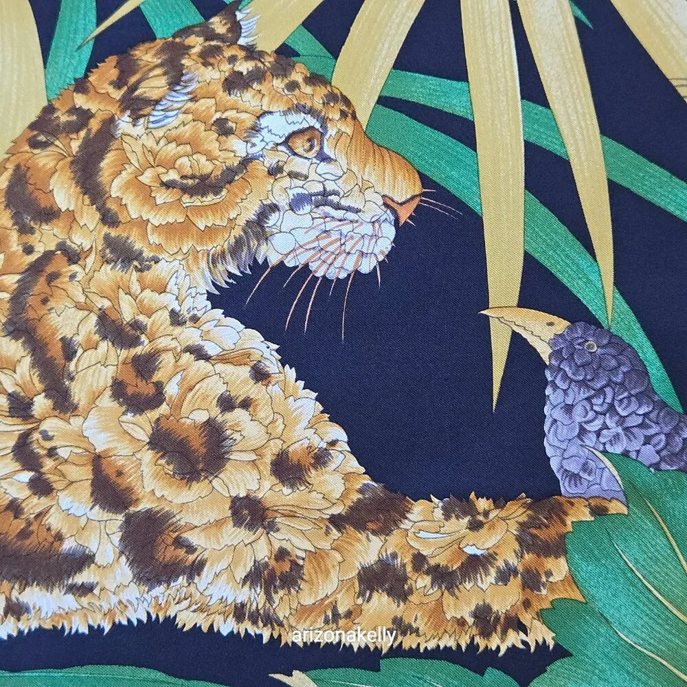 Salvatore Ferragamo Silk Carré Scarf Big Cats, Fox, Bird in Floral Style Jungle